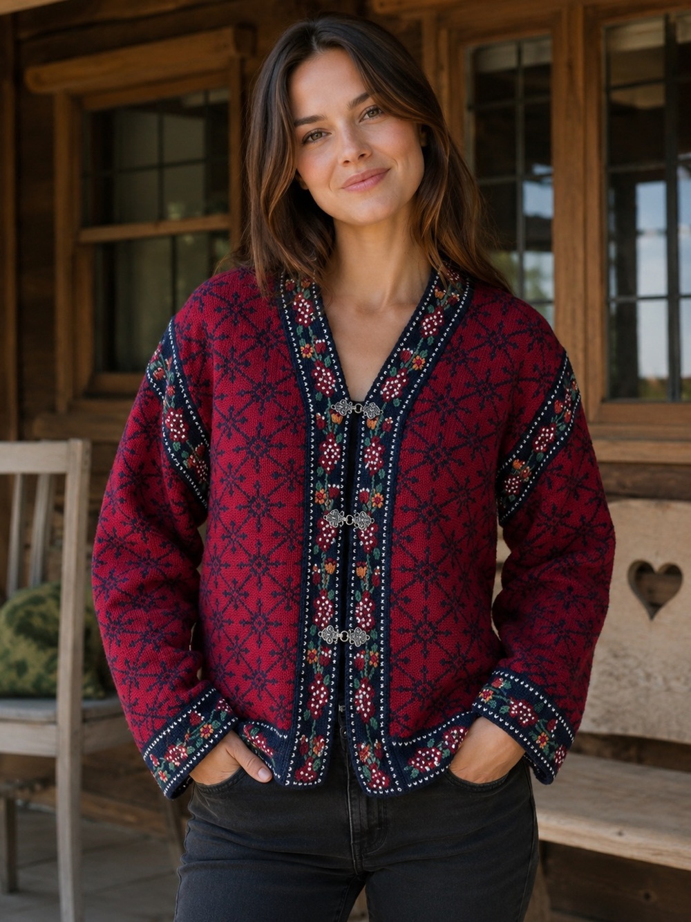 Icelandic Design Button Clasp Knit Design Jacket Cardigan Women’s Sz Small Red